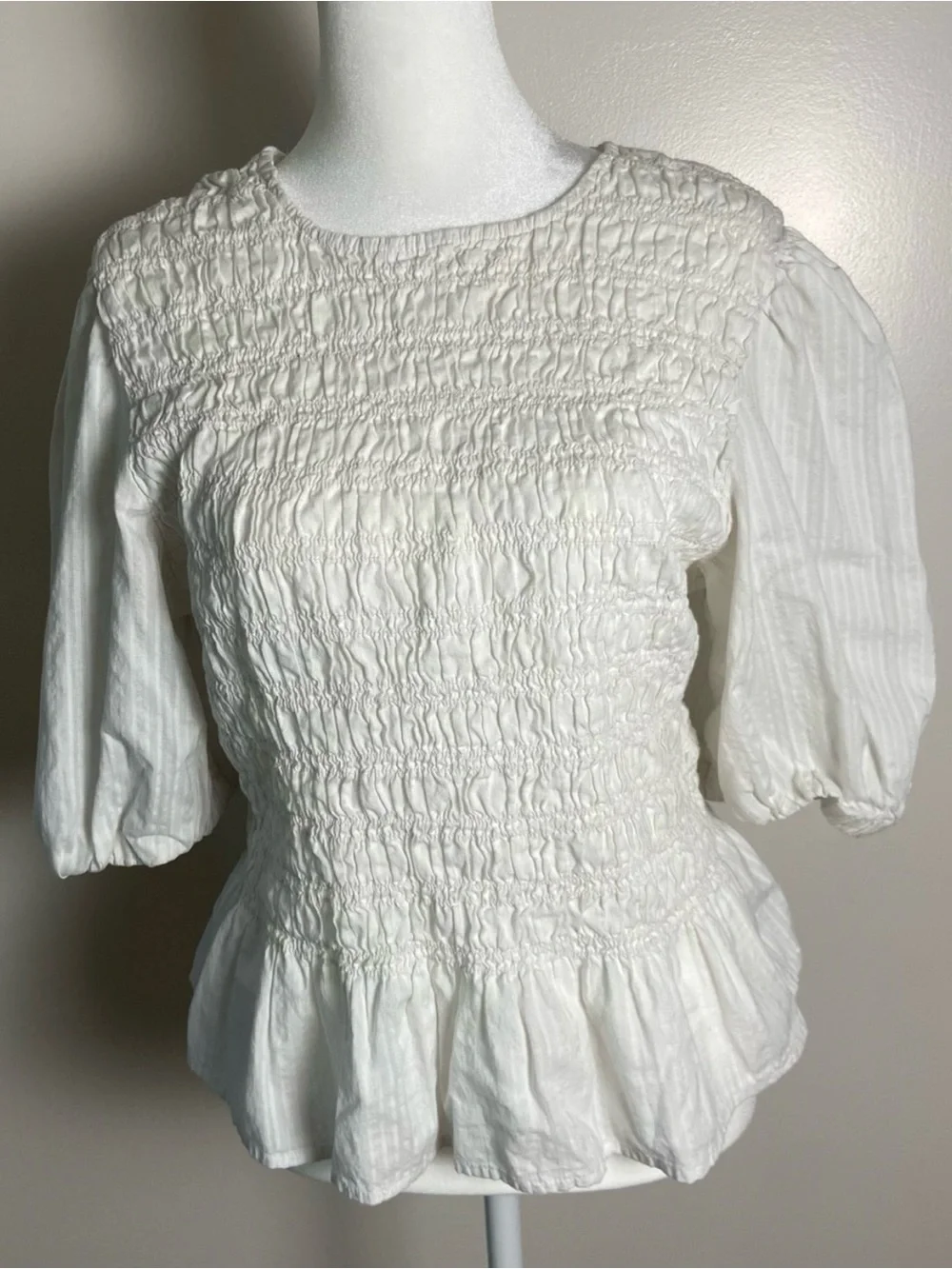 OLD NAVY White Smocked Peplum Blouse with Puff Sleeves
